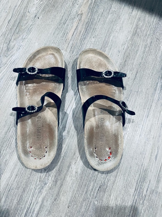 Mephisto Shoes - Mephisto Black Patent Double-strap Slide Sandals with Rhinestone Buckles